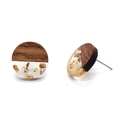 Macro detail of round wooden earrings featuring gold foil resin inlay and steel pins - Earring Post (C357) / Gold Foil Round