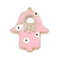Ciondolo mano di fatima rosa con simboli malocchio e cristalli scintillanti - Mano con Occhio Maculato Rosa Scuro