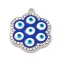 Ciondolo occhio di Allah a forma di fiore con smalto blu e cristalli lucidi argentati - Fiore a Sei Petali Occhio Blu Scuro