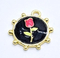 Ciondolo ovale dorato con rosa rossa e smalto nero per collane e creazione di gioielli fai da te - Fiore Tondo Nero