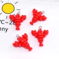 Set of four glossy red resin lobster charms with silver rings for DIY jewelry making - Crawfish
