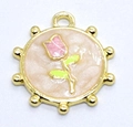 Ciondolo fai-da-te tondo dorato con rosa in smalto rosa e bordo con perline - Fiore Tondo Beige