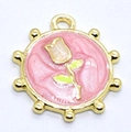 Ciondolo a tulipano in smalto rosa con cornice dorata per la creazione di gioielli - Fiore Tondo Rosa