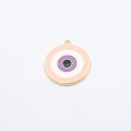 Macro detail of round alloy evil eye pendant with pink and purple enamel and gold rim - Pink Round