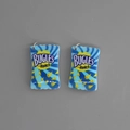 Macro detail of miniature resin Bugles snack charms with silver jump rings for DIY jewelry - Blue Bugles Style