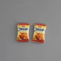 Close-up of miniature red and yellow snack bag resin charms with silver hanging rings - Orange Yellow