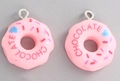Pink resin donut pendant with chocolate lettering and heart charm for DIY jewelry making - Pink Donut