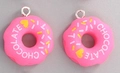 Pair of pink resin donut pendants with chocolate text and heart for DIY jewelry making - Rose Red Donut