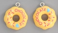 Pair of yellow resin donut pendants with red chocolate text and silver metal rings - Yellow Donut