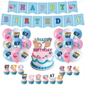Μπλε σετ πάρτι 67ων γενεθλίων με πανό Happy Birthday, μπαλόνια και διακόσμηση τούρτας - Σετ Διακόσμησης