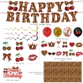 Red leopard and cherry birthday party set with banner, balloons, and tablecloth - Banner Spiral Hanging Balloons Large Cake Topper Small Cupcake Toppers Tablecloth