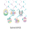 Detalle de decoraciones espirales de Pascua con huevos pastel y recortes de orejas de conejo - Decoraciones en espiral colgantes de Pascua