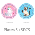 Detailed view of 7-inch cat themed disposable party plates in pink and blue designs - 7 Inch Plates