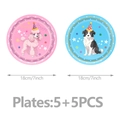 Détail d'assiettes de fête chien 18cm avec motifs caniche rose et collie bleu - 7" / Assiettes en Papier (Rose et Bleu) / 10 Pièces (Combo 5+5)