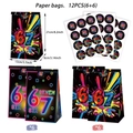 Detailed view of 12pcs neon graffiti 67 paper party bags with stickers and dimensions - Black Food Bag