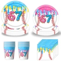 Vaisselle de fête thème baseball avec assiettes et gobelets bleu et jaune - Kit Vaisselle (Assiettes Serviettes Gobelets)