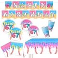 Set tavola per compleanno a tema baseball e ciambelle in rosa e blu vivace - Kit Stoviglie (Striscione Piatti Bicchieri Tovaglioli Tovaglia)