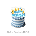 Close-up of Happy Birthday cake topper with yellow duck theme on striped cake - Big Cake Topper