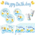 Flat lay of little duck theme party set including paper plates, cups and blue tablecloth - Yellow Duck 6-piece Set