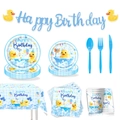 Flat lay of little duck theme birthday party tableware set with plates, cups and banner - Yellow Duck 9-piece Set