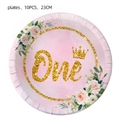 Close-up of 10-piece floral 1st birthday paper plates with gold 'One' crown design - 23cm Paper Plate