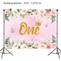 Floral baby first birthday backdrop with gold glitter One text and crown 1.27x0.7m - Backdrop