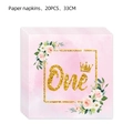 Floral pink and gold One birthday paper napkins with crown and roses for 1st party decoration - Napkins