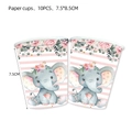 Gobelets en papier éléphant rose pour anniversaire fille, lot de 10 avec imprimé floral - Gobelets Éléphant Rose