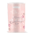 Close-up of pink pearlescent birthday gift bag with glitter balloons and silver handles - Pink