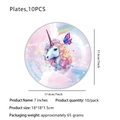 Detail of 7-inch purple unicorn paper plates set with rainbow and cloud patterns for parties - Small Plates