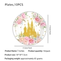 Rosa Prinzessin Schloss Pappteller 10er Set mit goldenem Glitzer und Blumenmotiven - 7"