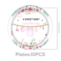 Dettaglio di piatti di carta da 23cm per baby shower con decorazioni floreali rosa - Piatti Di Carta Battesimo Rosa 9 Pollici
