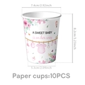 Dettaglio di 10 bicchieri di carta per baby shower con decori floreali e misure - Bicchieri Di Carta Battesimo Rosa