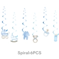Blue spiral hanging swirls for baby shower featuring baby stroller and teddy bear designs - Spiral Swirls (6pcs) - Blue Baptism
