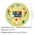 Detail of 9-inch school party paper plate with educational icons like globe and pencils - 9-Inch 10-Piece (Back To School)