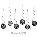 Hanging race car tire party decorations with six black spirals and 4.7-inch wheel charms - Tire Spiral Hanging Decor / Set of 6