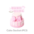 Close-up of pink Baby Girl cake socket decorations with stroller and bodysuit patterns - Pink Baptism Large Cake Topper