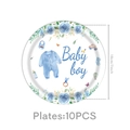 Nahaufnahme von 18 cm Babyparty-Papptellern mit blauen Blumenmotiven und Baby-Schriftzug - 7-Zoll Teller (10 Stück) - Blau Taufe