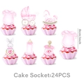 Detailed view of watercolor baby shower cake toppers including stroller and rattle designs - Pink Baptism Cupcake Toppers