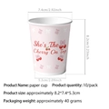 Détail de gobelets en papier rose avec motifs cerise et dimensions pour fête de fille - Gobelets en Papier Cerise / Lot de 10