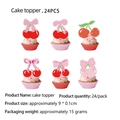 Pack of 24 cherry and pink bow cake toppers with glitter detail for party decoration - Cherry Bow Cake Topper Set