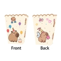 Vista fronte e retro delle scatole regalo Capybara con palloncini e grafiche di compleanno - Scatole per Popcorn 6 PZ