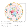 Detail von 9-Zoll-Blumenpappteller mit gewelltem Goldrand und Rosenstrauß-Muster - Rosa Gezackter 9 Zoll Papierteller / 10er Pack