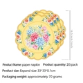 Detailansicht der geblümten Papierservietten mit Größenangabe 33cm und 20 Stück Packung - Gelb Gezackte Papierrette