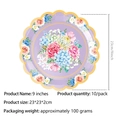 Detailansicht der 23cm lavendelfarbenen Pappteller mit Blumenmuster für die Teeparty - Lila Gezackter 9 Zoll Papierteller