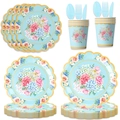 Service de table de fête floral avec assiettes bleues et bordures dorées - Assiette 7 pouces / Bleu