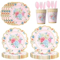 Kit vaisselle jetable rose à fleurs avec bords dorés pour thé festif - Assiette 7 pouces / Rose