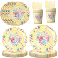 Set de vaisselle jetable floral avec assiettes en papier et couverts pour tea party chic - Assiette 7 pouces / Jaune