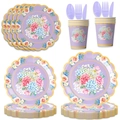 Set de vaisselle jetable floral violet avec assiettes en papier et bords dorés - Assiette 7 pouces / Violet