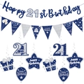 Navy blue and silver glitter 21st birthday banner set with hanging swirls and pennants - 21st Birthday Decoration Combo